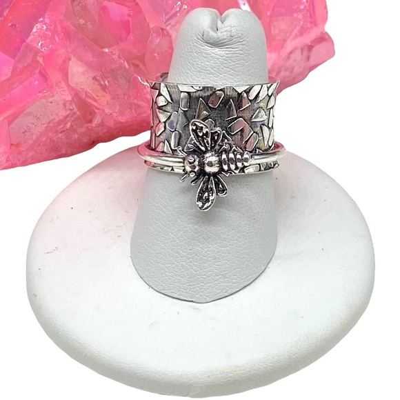 Hand Crafted Jewelry - Bee Spinner Ring 925 Sterling Silver Overlay Size 6.5 Insect Spinning Wide Band